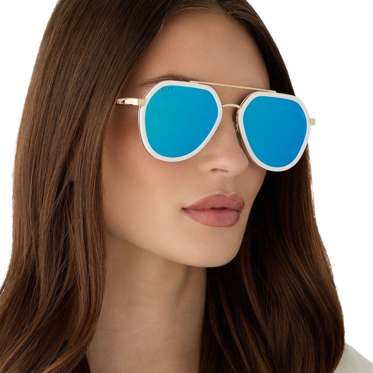 JOEY - WHITE CLOUD + GOLD METAL + BLUE MIRROR SUNGLASSES